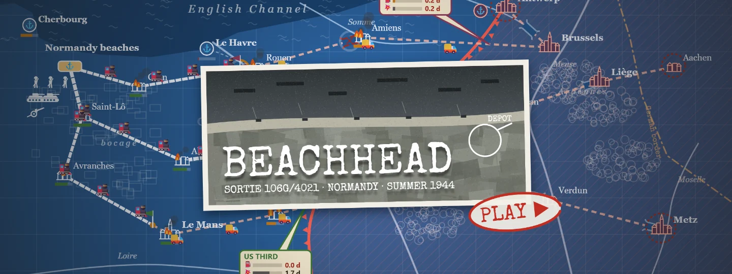 Beachhead - play the Normandy 1944 supply game: land it, clear the ports, rebuild the bridges